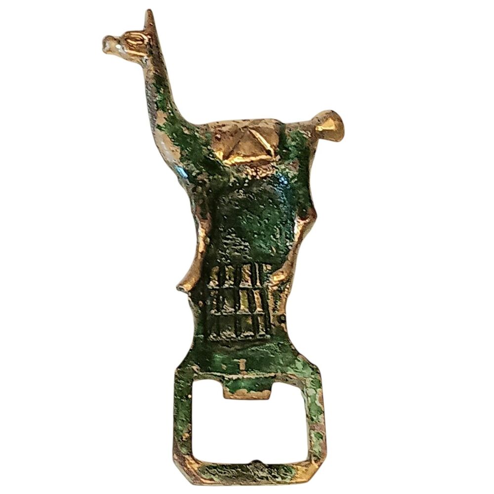 Vintage Llama Alpaca Shaped Beer Nottle Opener Green And Gold Metal 4" x 2"